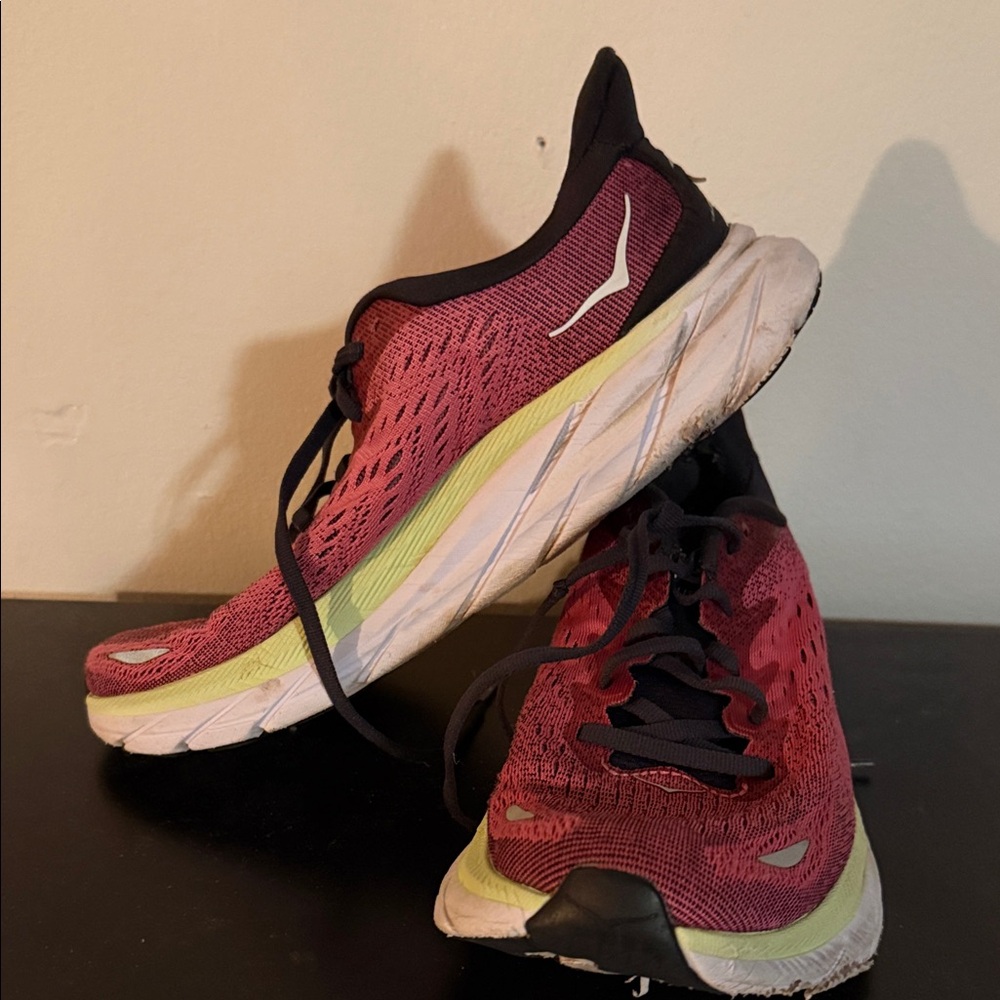 Hoka Women's Berry and Black Athletic Shoes well worn. Clifton 8 - Picture 2 of 5